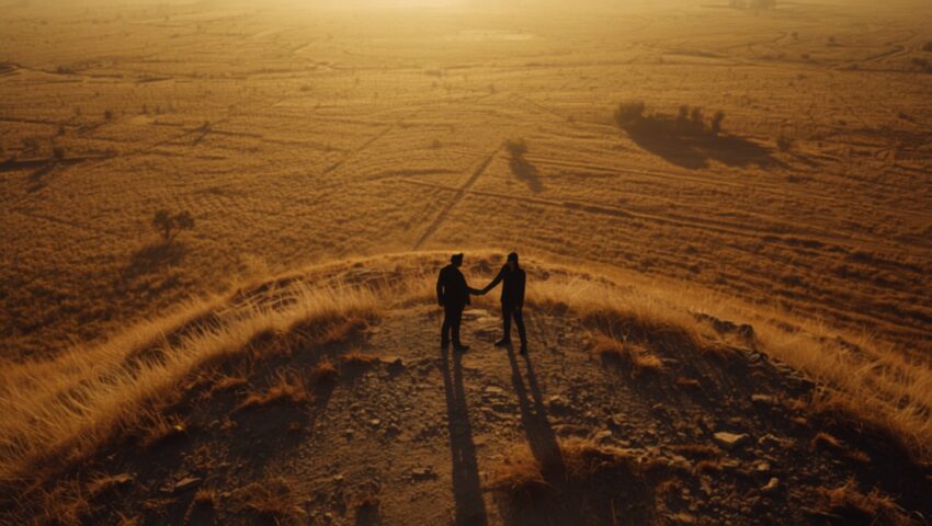 two people silhouetted on a hilltop shake hands at sunset over a golden barren landscape