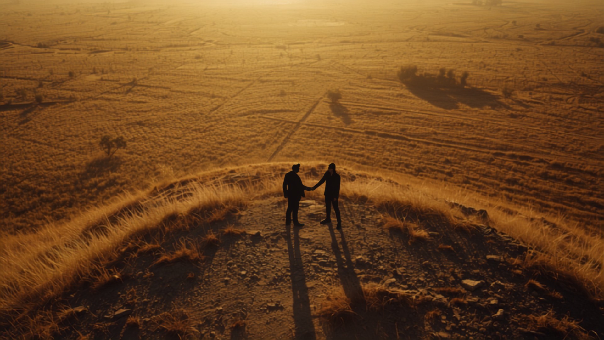 Two people silhouetted on a hilltop shake hands at sunset over a golden, barren landscape.