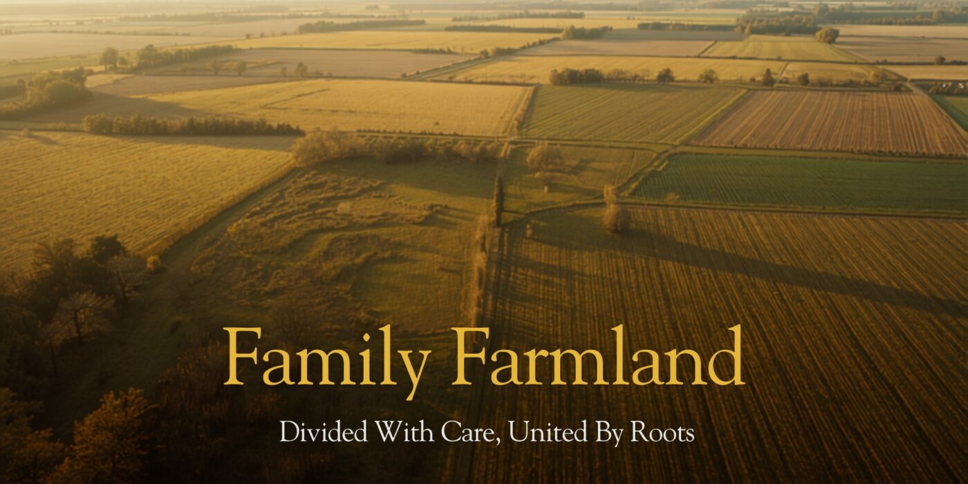 aerial view of family farmland divided into demarcated shares at golden hour