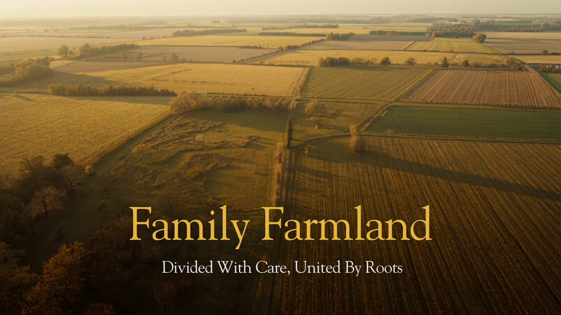 Aerial view of family farmland divided into demarcated shares at golden hour