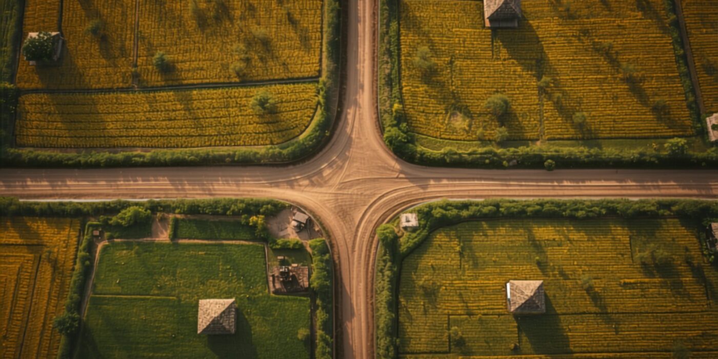 Two diverging paths meeting at a junction through Maharashtra farmland