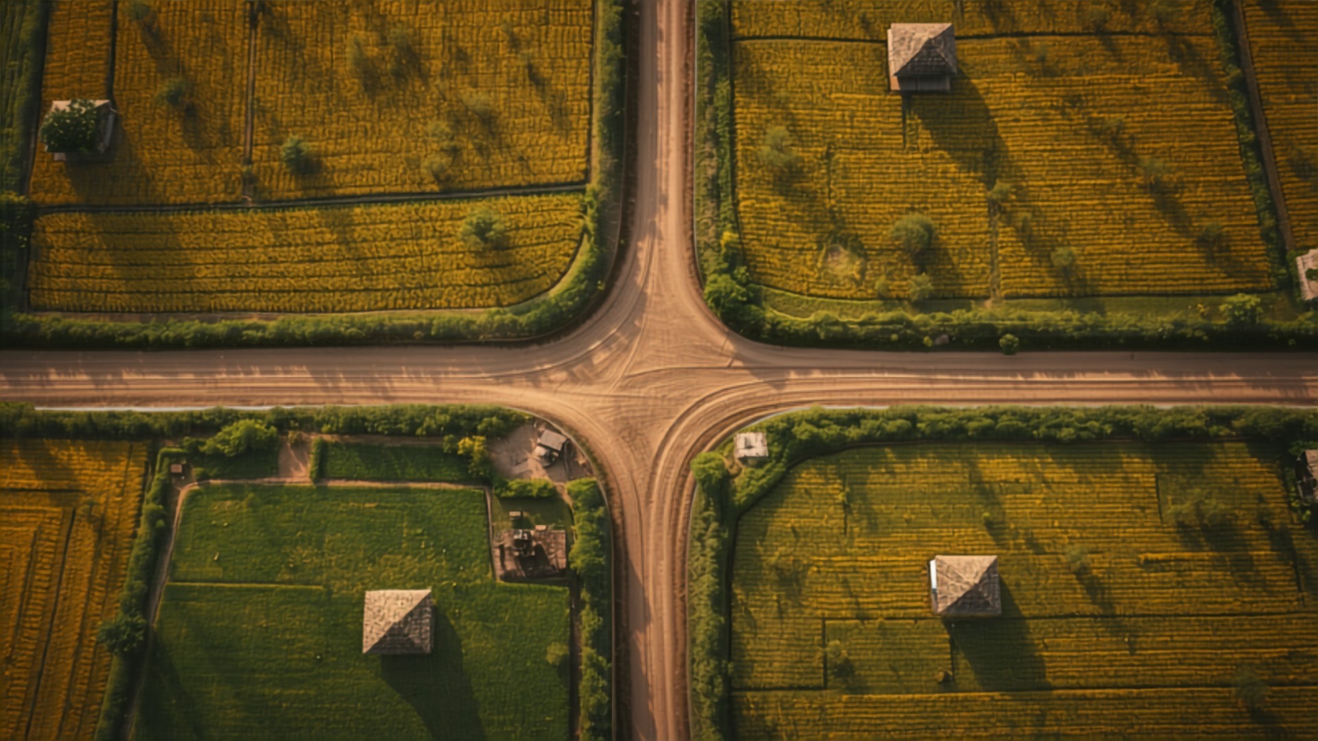 Two diverging paths meeting at a junction through Maharashtra farmland