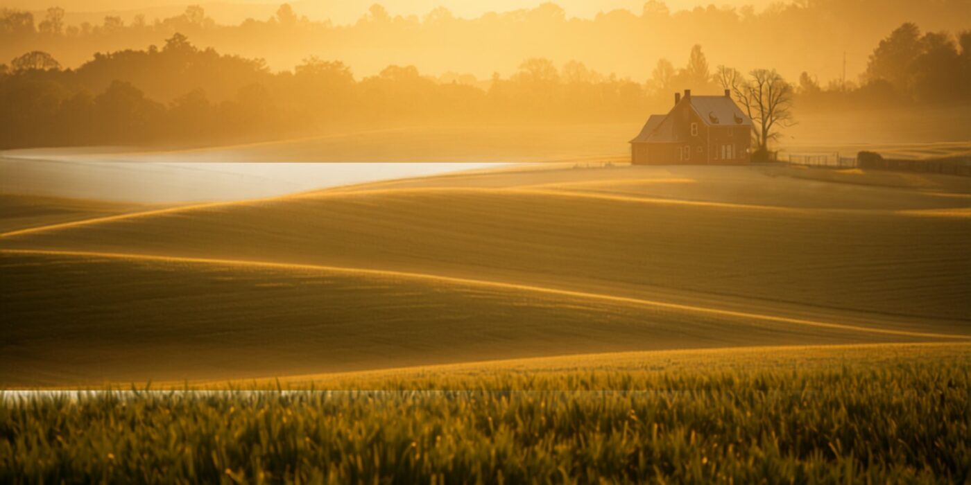 golden sunrise over fields with a small house beside a reflective pond and distant trees all bathed in warm light