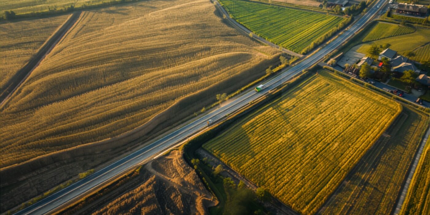 Rural road construction through farmland connecting villages
