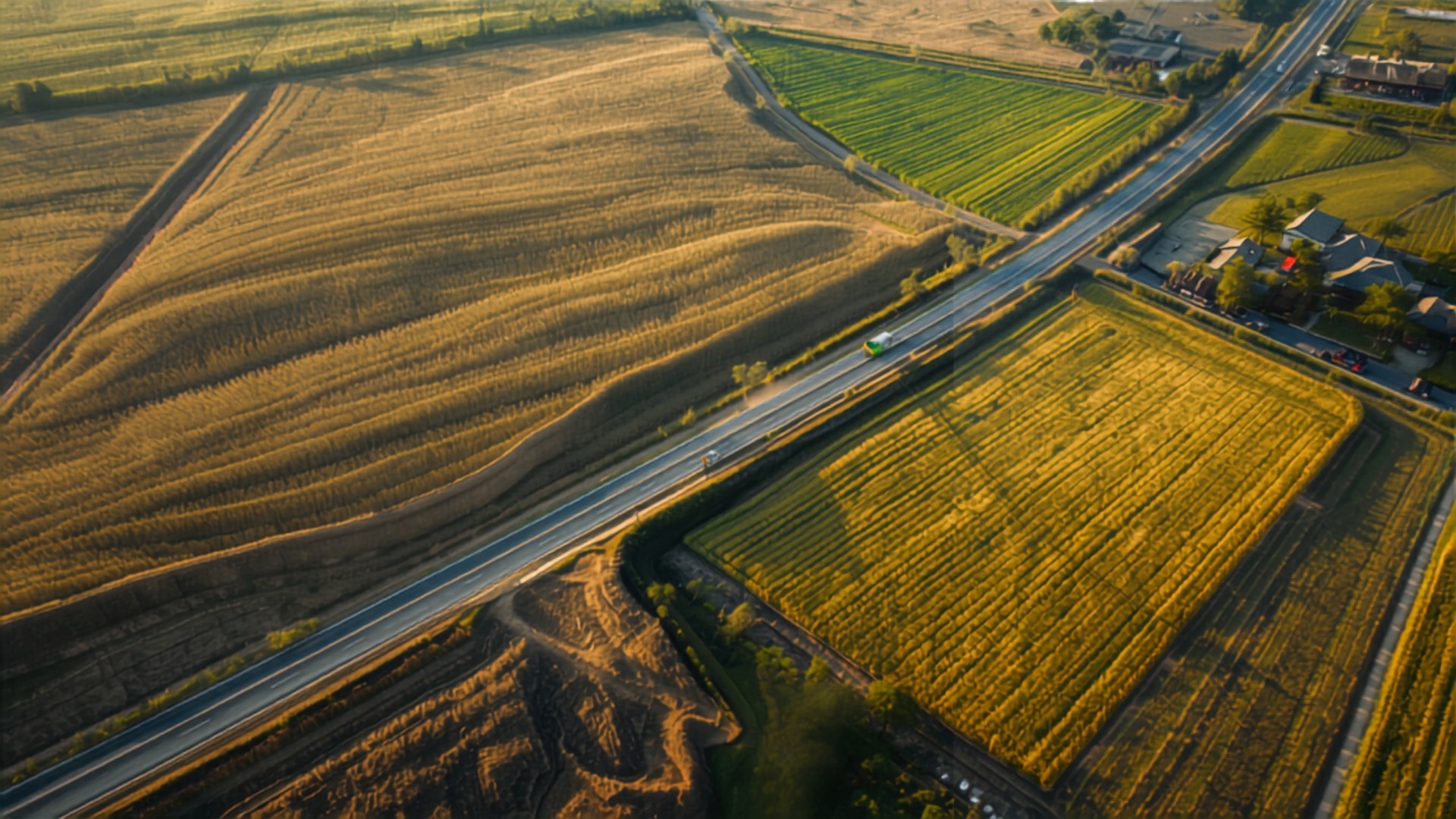 Rural road construction through farmland connecting villages