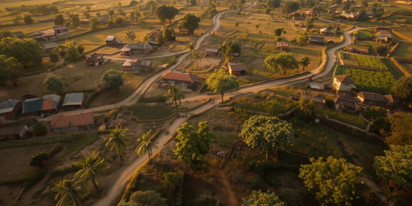 aerial view of a rural village with winding roads scattered houses and green fields at sunset