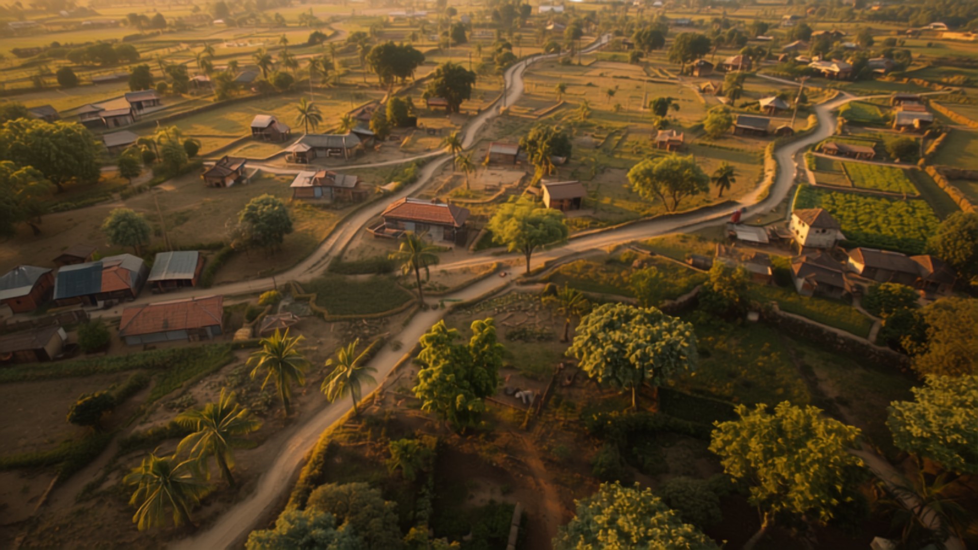 Aerial view of a rural village with winding roads, scattered houses, and green fields at sunset.