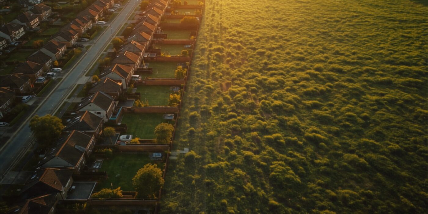 Aerial view at golden hour showing a row of houses bordering an open green field, illustrating built property next to vacant land