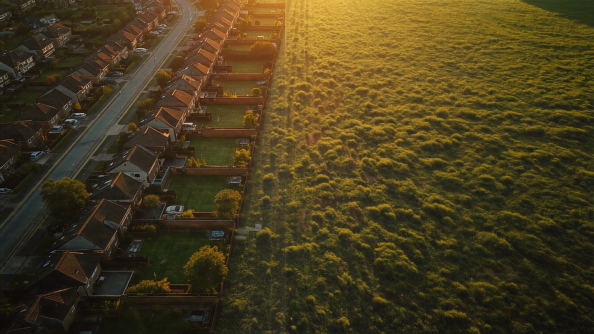 Aerial view at golden hour showing a row of houses bordering an open green field, illustrating built property next to vacant land