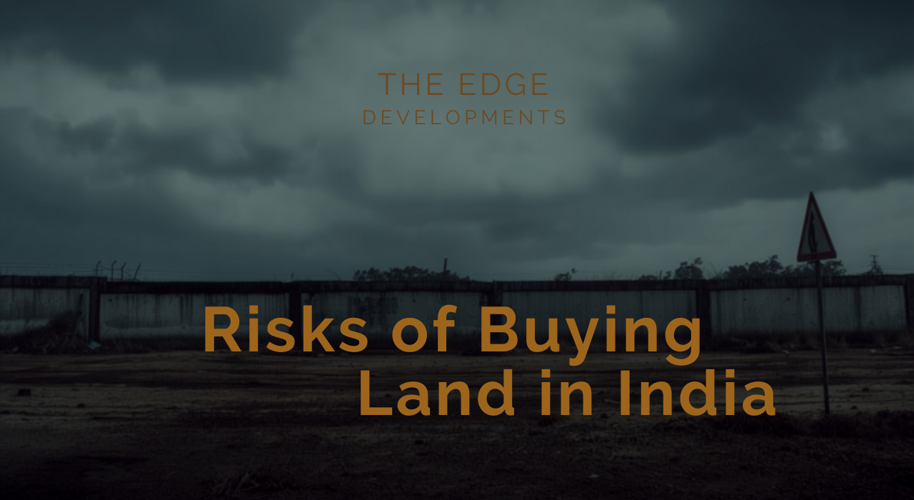 vacant land plot in india with a caution sign under an overcast sky  risks of buying land