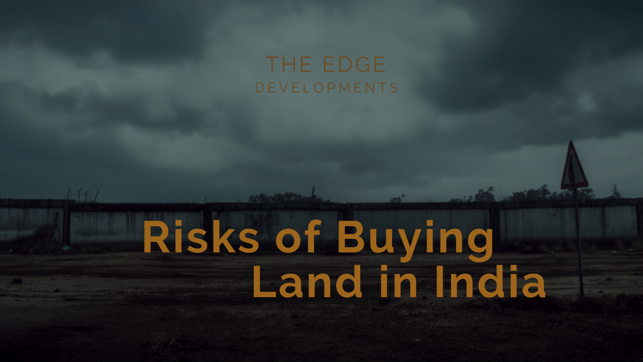 Vacant land plot in India with a caution sign under an overcast sky — risks of buying land