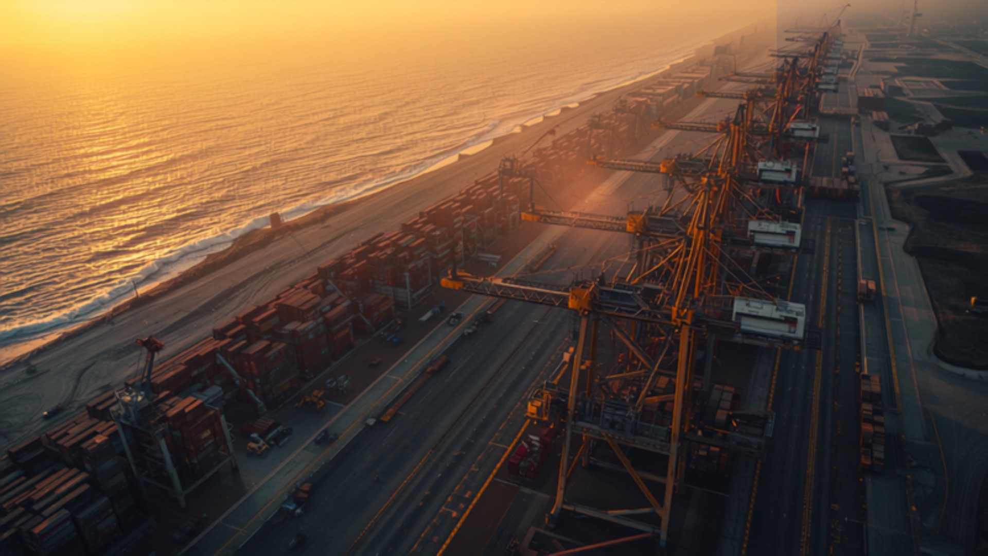 Aerial view of a large container port at sunrise with rows of cargo cranes and stacked shipping containers along a coastline