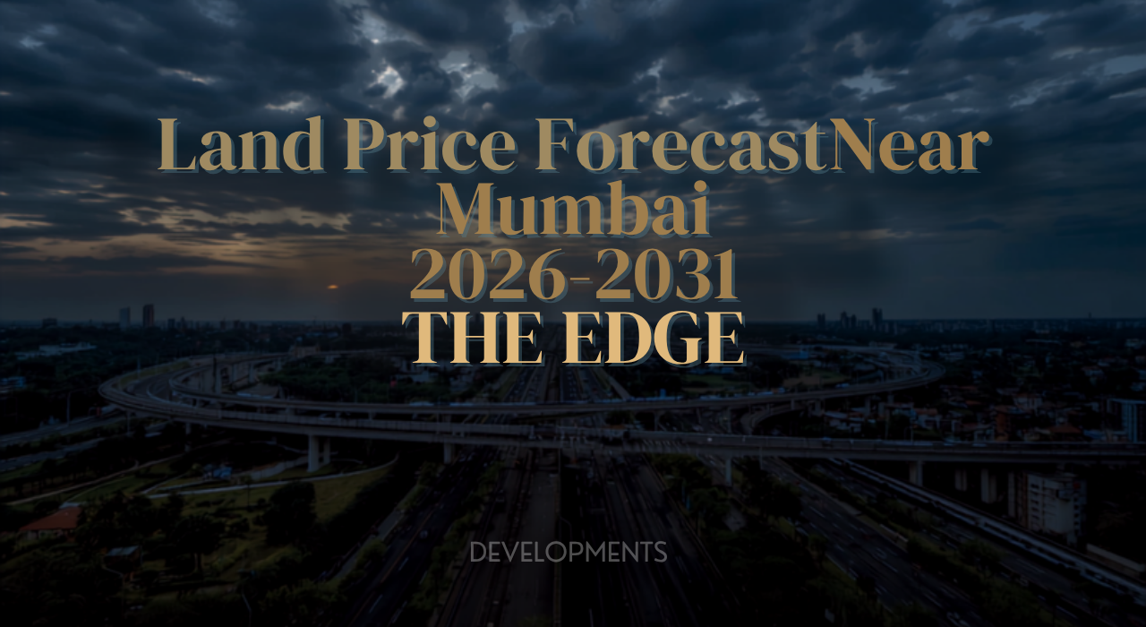 Title slide over a dusk Mumbai cityscape: 'Land Price Forecast Near Mumbai 2026–2031' (THE EDGE) with 'DEVELOPMENTS' text subtly visible.