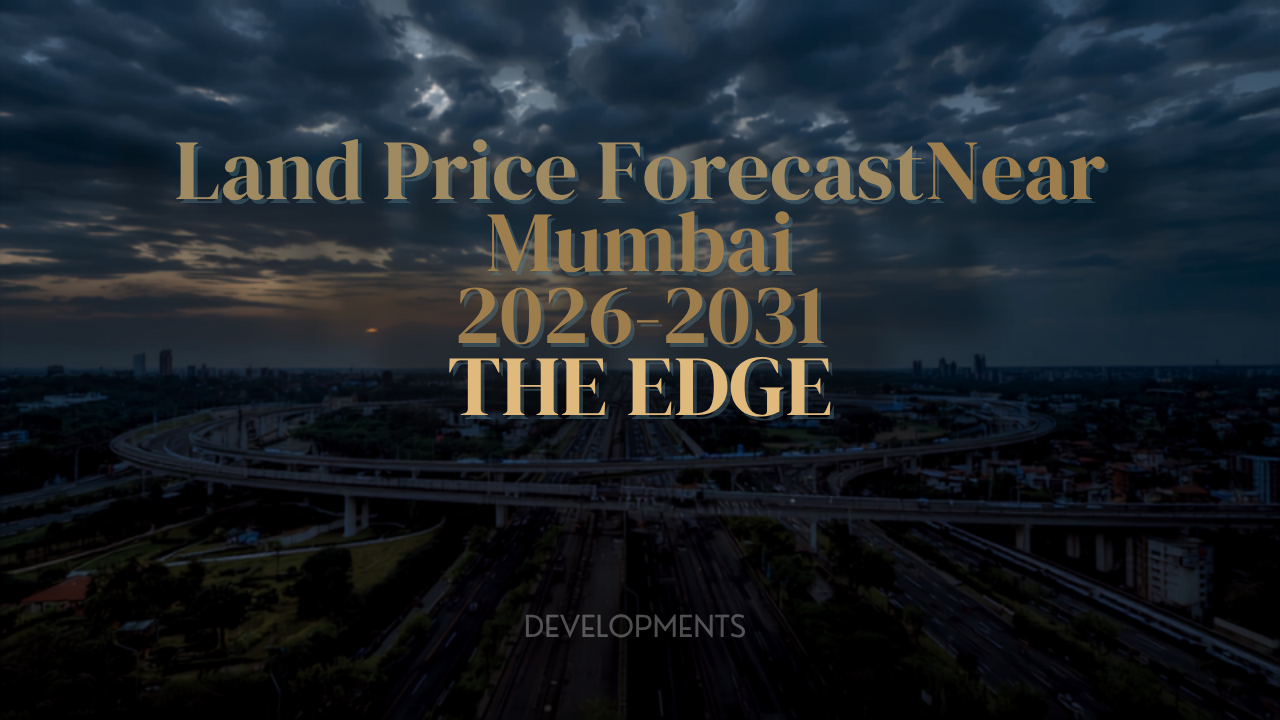 Title slide over a dusk Mumbai cityscape: 'Land Price Forecast Near Mumbai 2026–2031' (THE EDGE) with 'DEVELOPMENTS' text subtly visible.