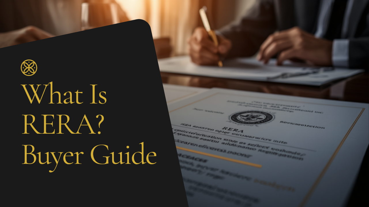 RERA registration documents with a seal and a buyer reviewing papers with a developer — what is RERA buyer protection