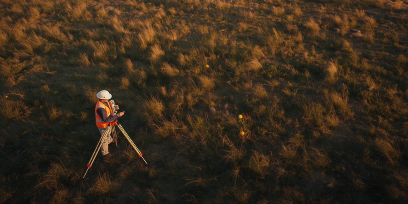 Professional surveyor using total station equipment on open land