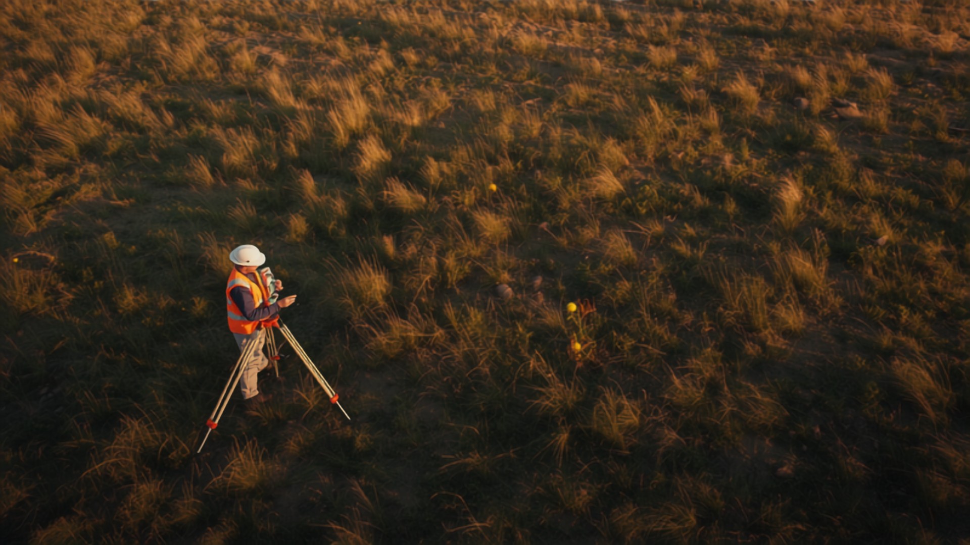 Professional surveyor using total station equipment on open land
