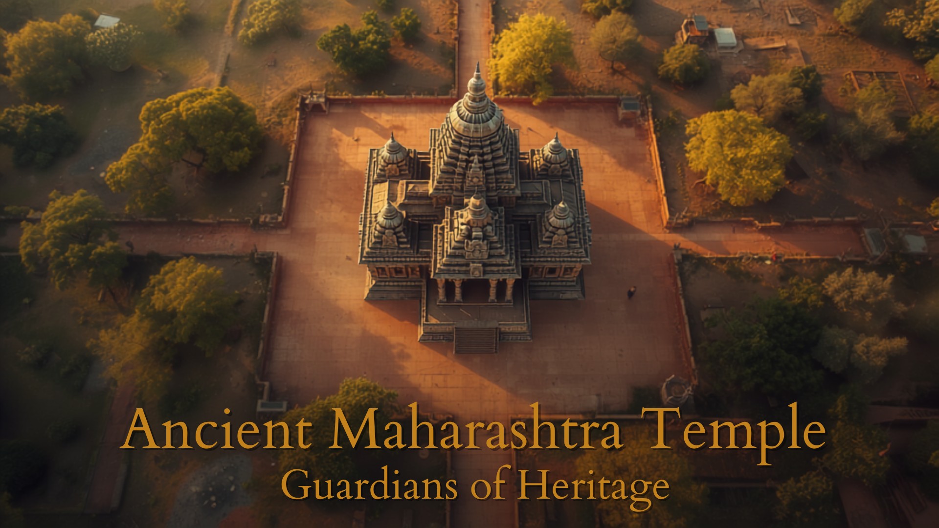 Aerial view of a historic multi-dome temple complex surrounded by trees, bathed in warm sunset light.