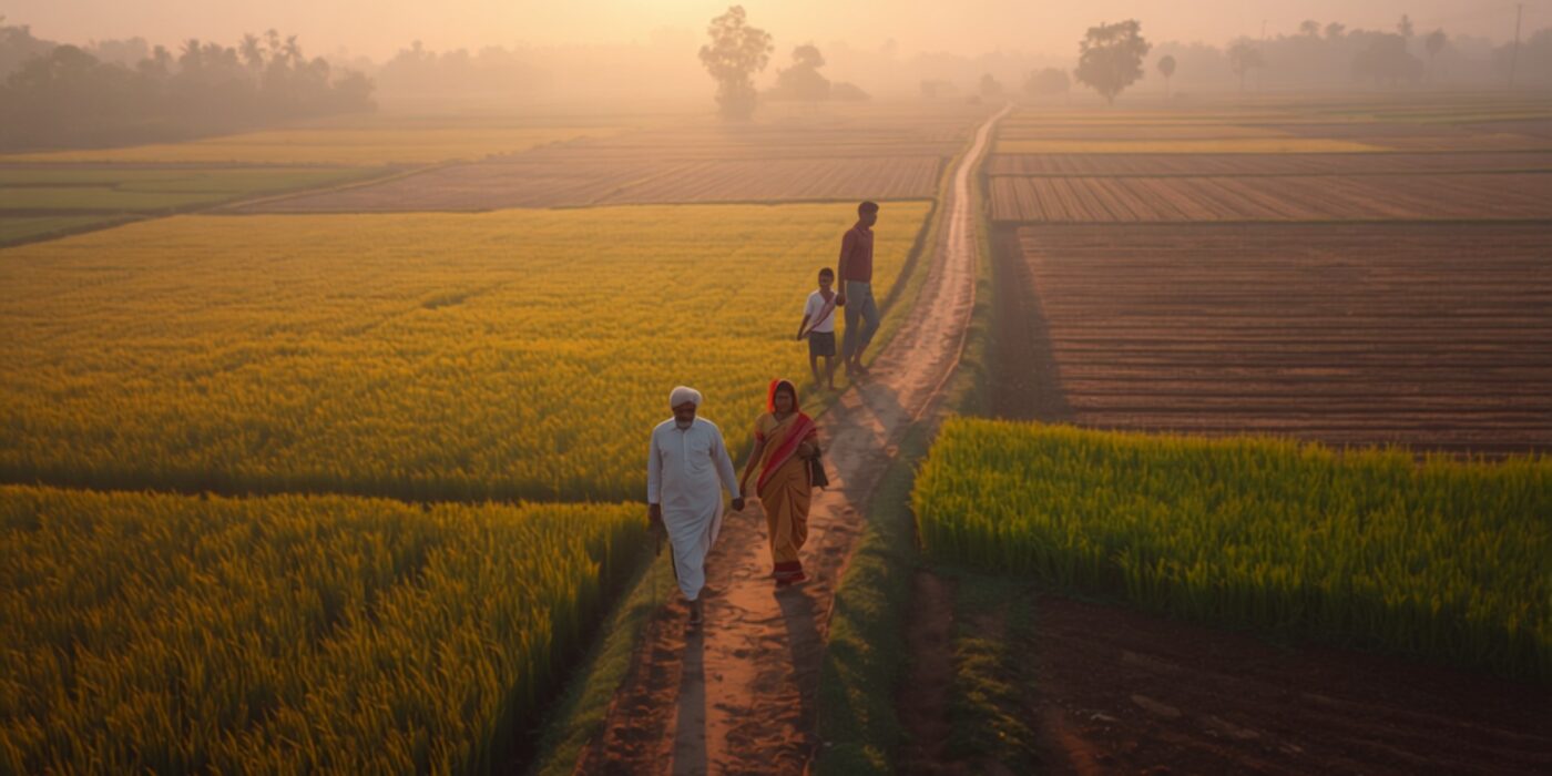 maharashtra village farmland at dawn with a family walking a field path