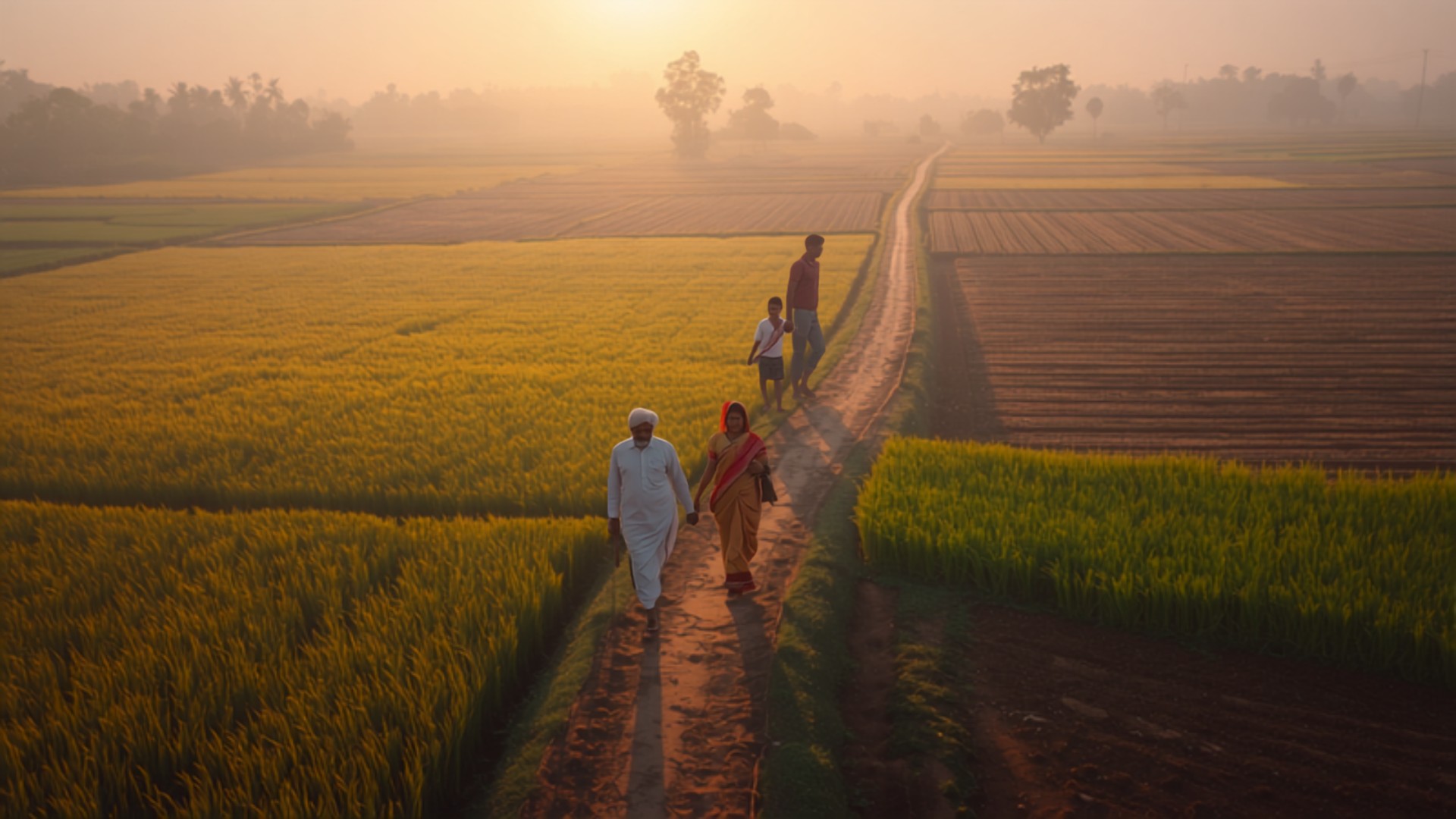 Maharashtra village farmland at dawn with a family walking a field path