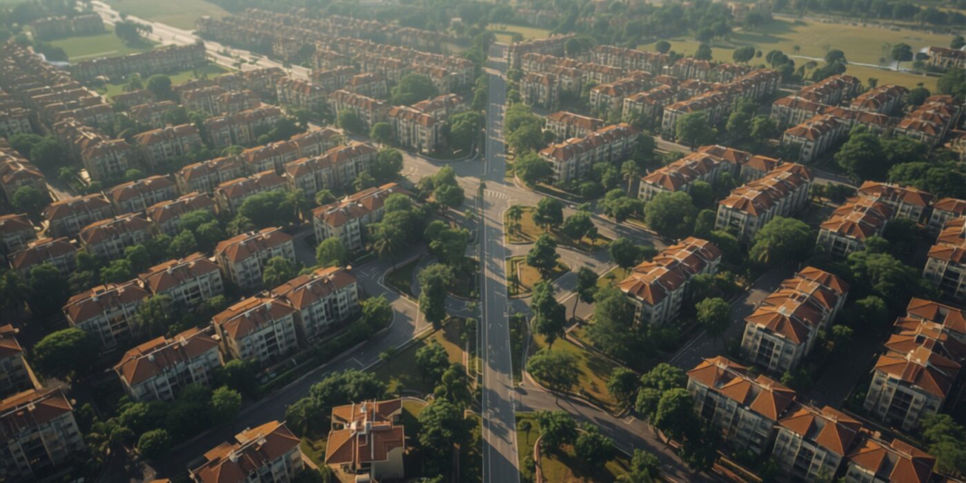 aerial view of pune pimpri chinchwad residential township with tree lined streets