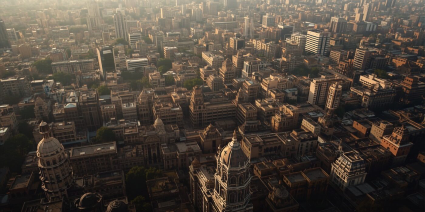 aerial view of mumbai suburban skyline contrasted with historic architecture