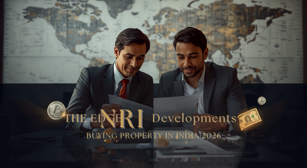 NRI Indian couple reviewing property documents abroad with a world map and mixed currency — NRI buying property in India