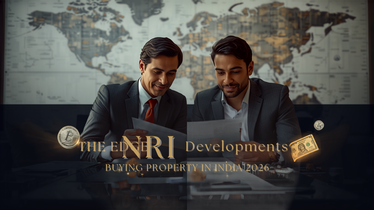NRI Indian couple reviewing property documents abroad with a world map and mixed currency — NRI buying property in India