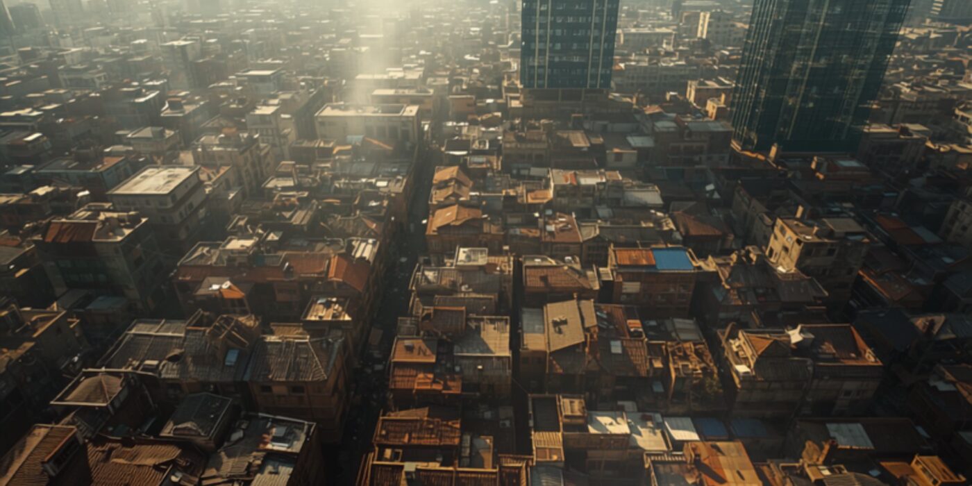 old mumbai chawl buildings beside new high rise towers