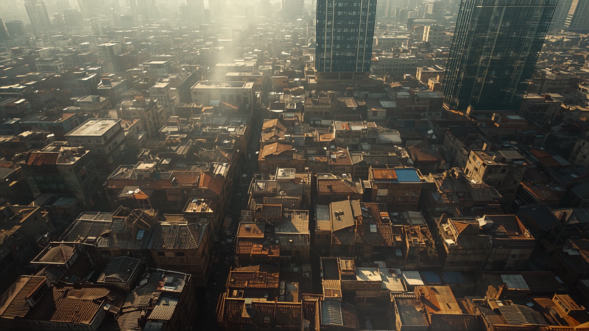 Old Mumbai chawl buildings beside new high-rise towers