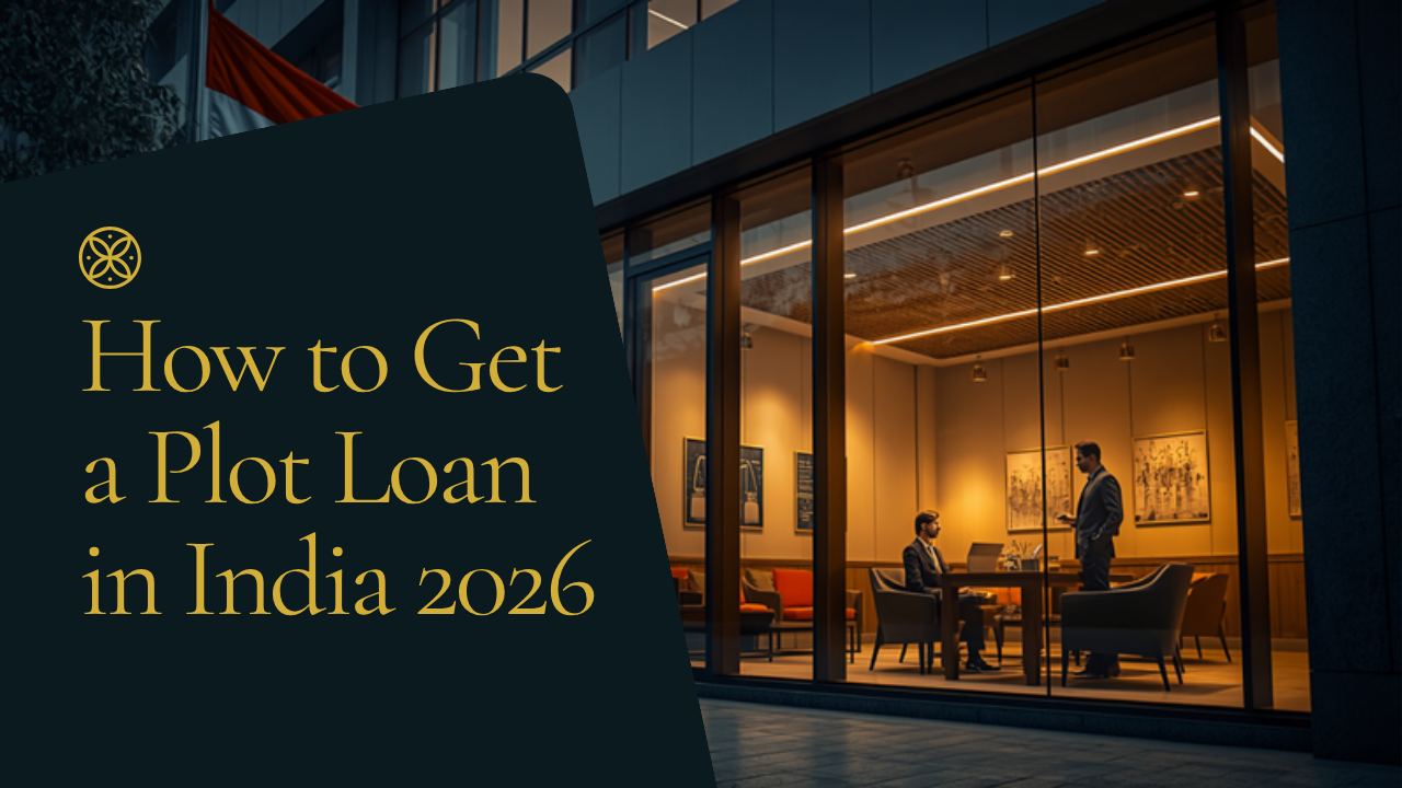 Bank building and a plot-loan meeting between banker and buyer — how to get a plot loan in India 2026