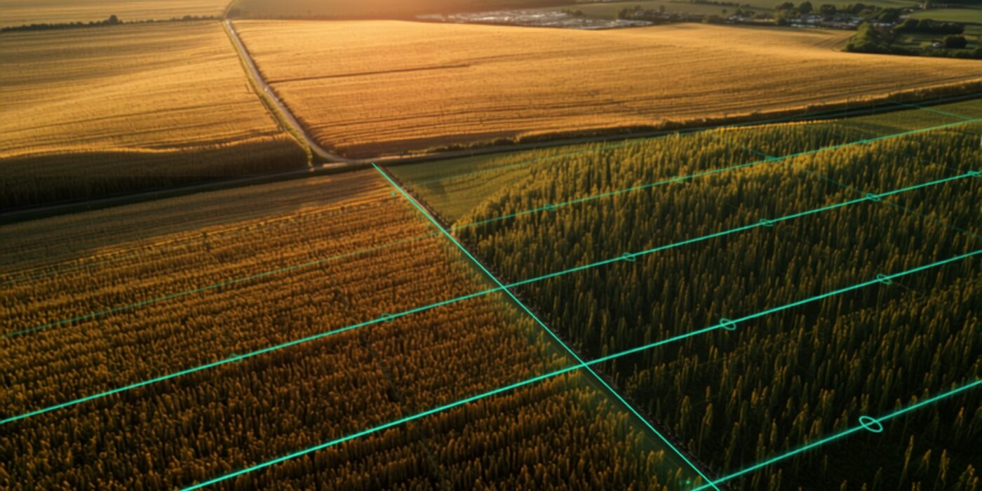 aerial view of farmland with digital survey grid overlay