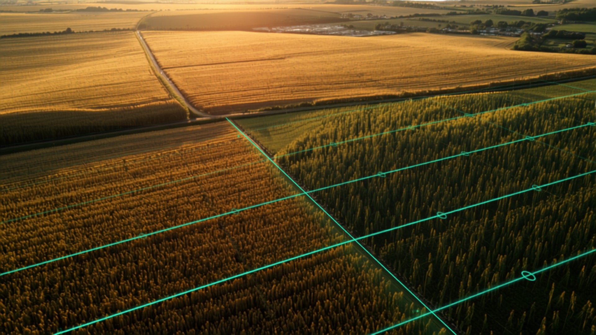 Aerial view of farmland with digital survey grid overlay