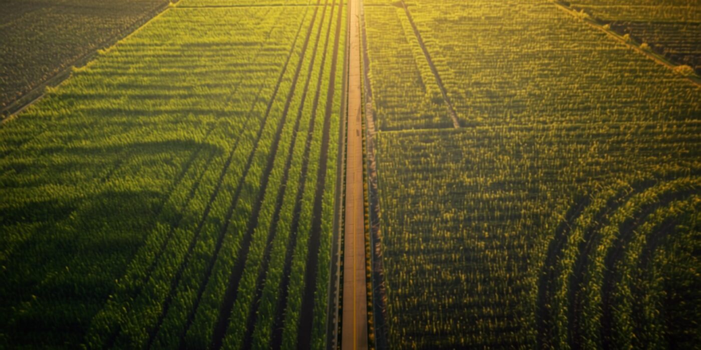 Aerial view of a road cutting through green agricultural fields divided into rectangular plots at sunset