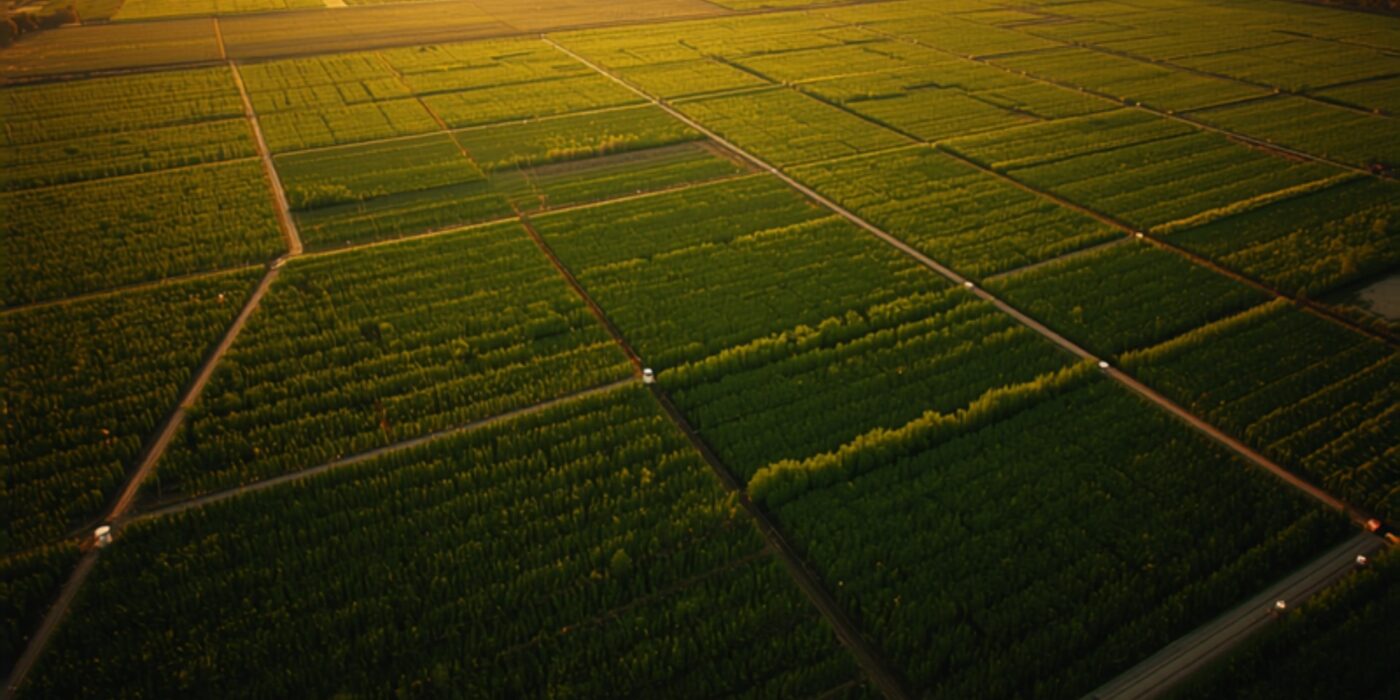 Aerial view of subdivided green farmland plots in Maharashtra at golden hour, marked into rectangular parcels by roads and boundary lines