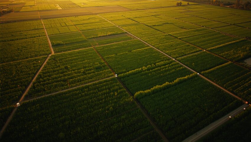 aerial view of subdivided green farmland plots in maharashtra at golden hour marked into rectangular parcels by roads and boundary lines