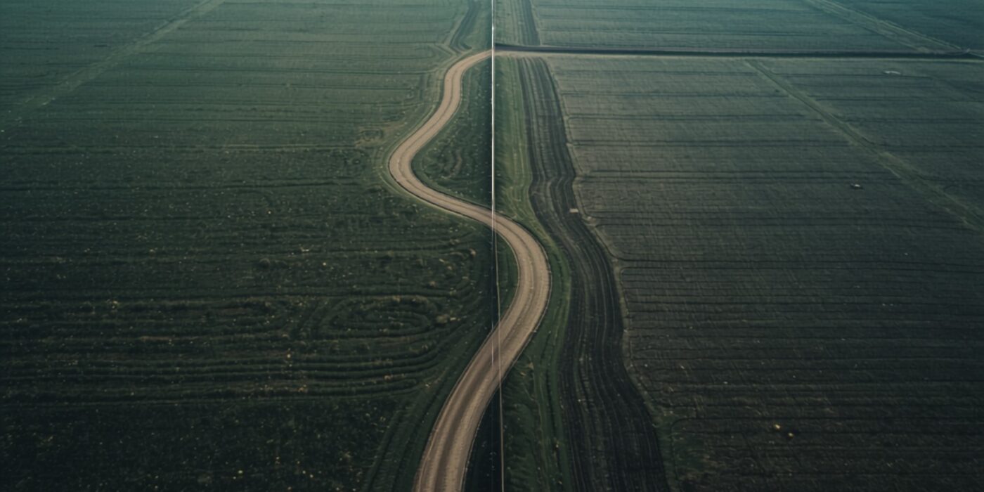 Aerial view of a winding road and boundary line dividing two adjoining agricultural land parcels