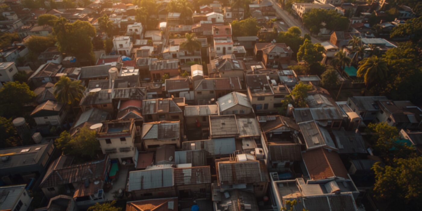 Aerial view of a dense small-town district in India with mixed rooftops and tree cover at golden hour