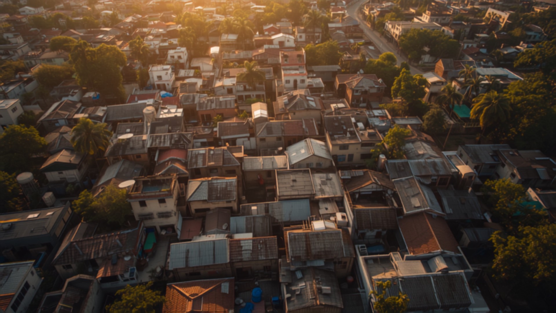 Aerial view of a dense small-town district in India with mixed rooftops and tree cover at golden hour