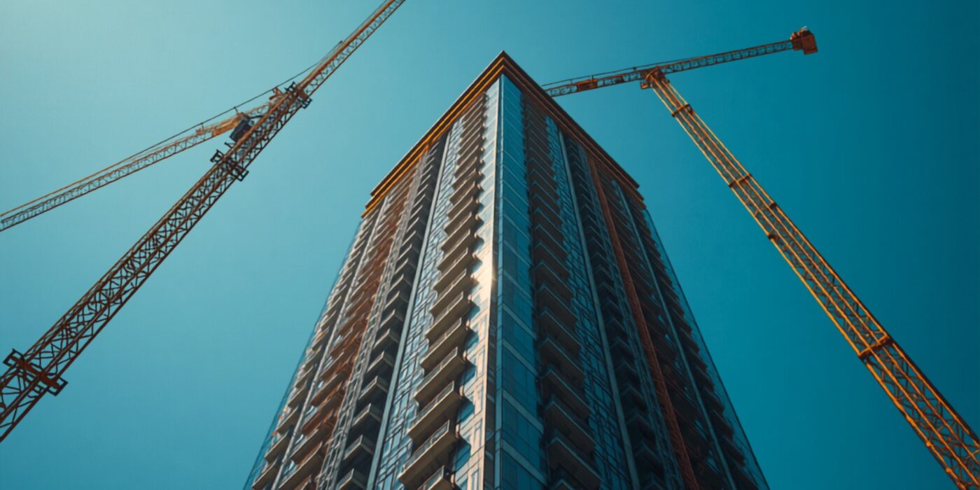 Upward view of a glass high-rise residential building under construction, flanked by two tower cranes against a clear blue sky