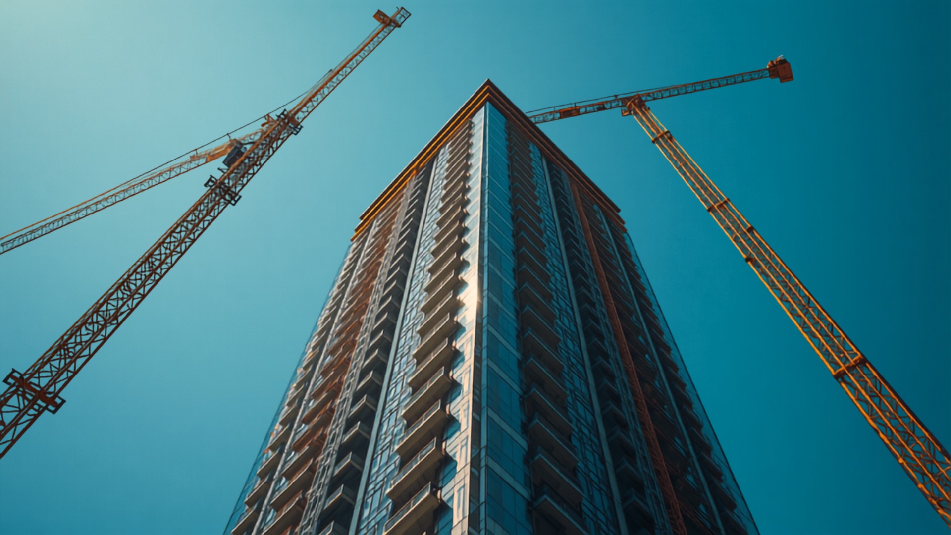 Upward view of a glass high-rise residential building under construction, flanked by two tower cranes against a clear blue sky