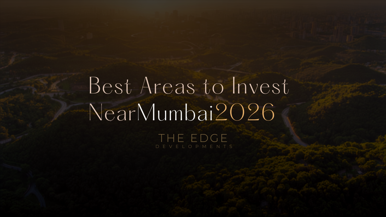Aerial view of Mumbai satellite towns and highways through green hills — best areas to invest near Mumbai 2026