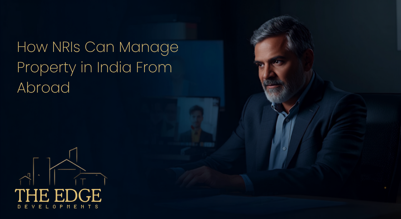Person on a video call managing Indian property remotely with land documents and a globe — NRI property management from abroad