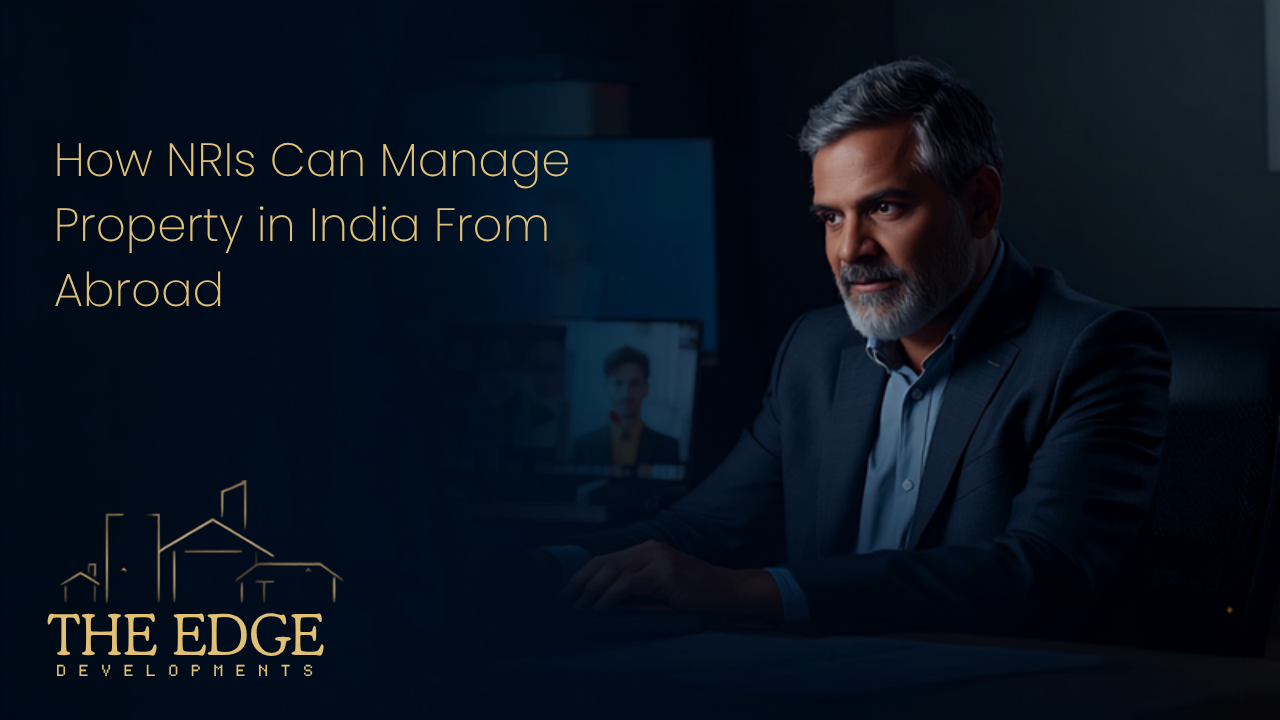 Person on a video call managing Indian property remotely with land documents and a globe — NRI property management from abroad