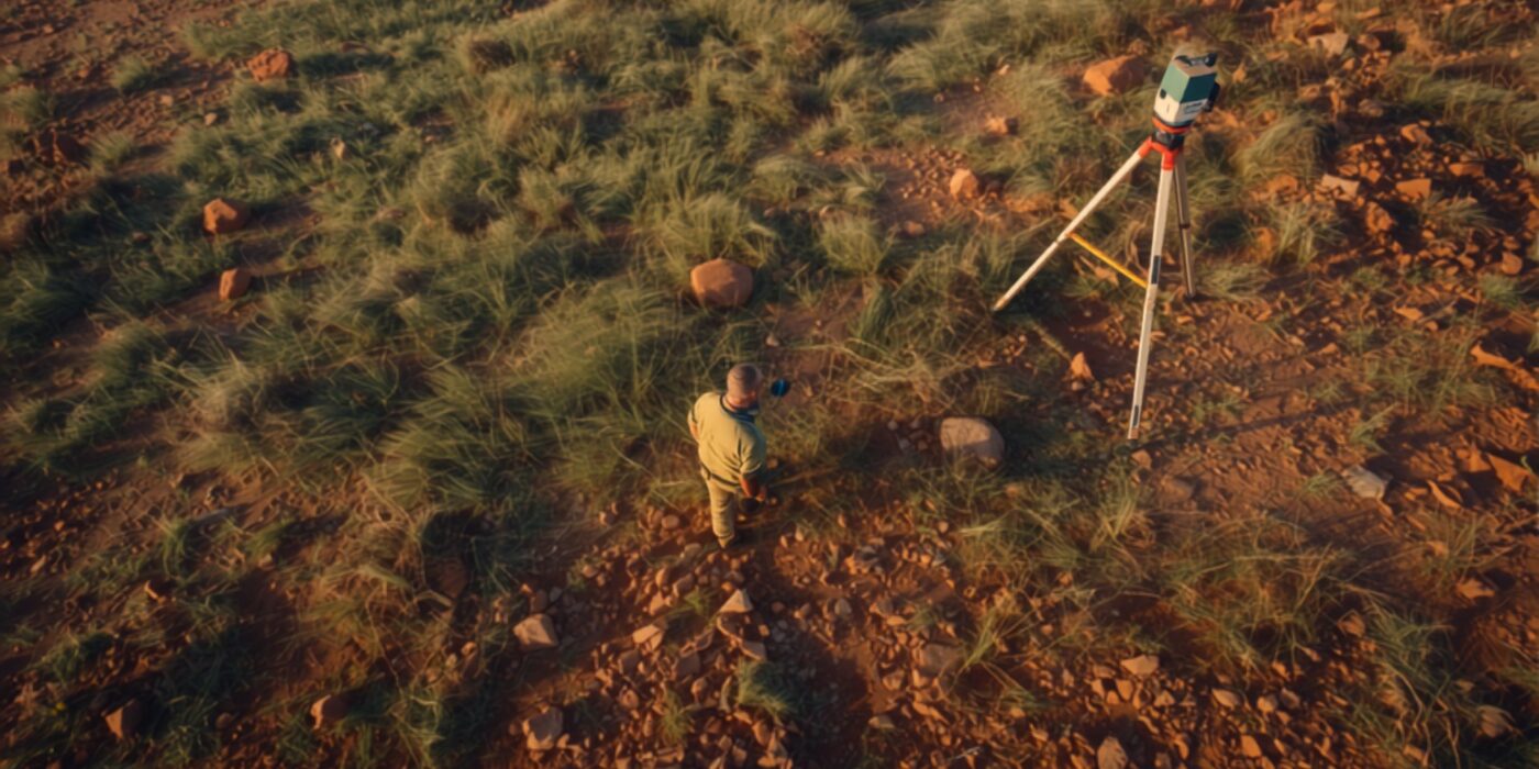 Surveyor measuring land with GPS equipment on open plot