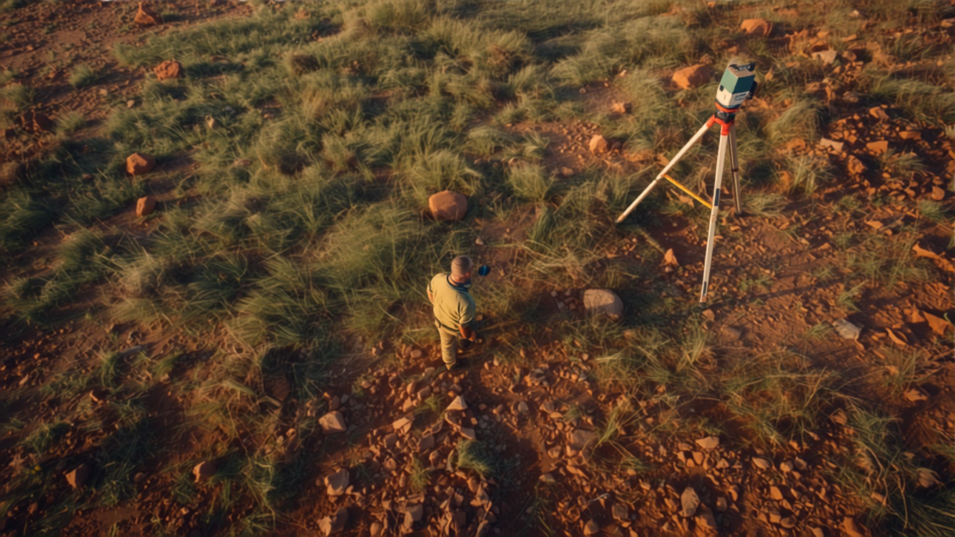 Surveyor measuring land with GPS equipment on open plot