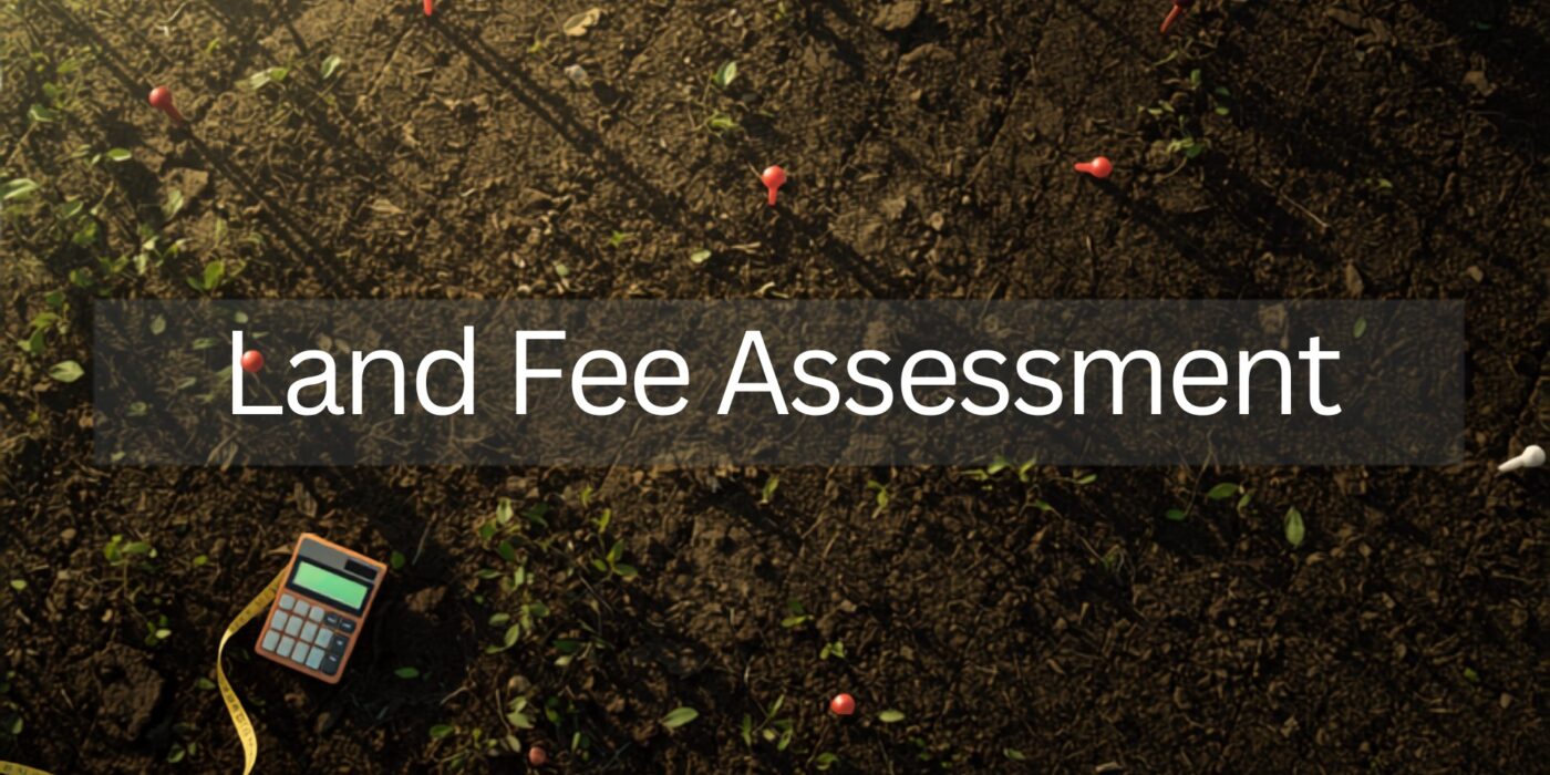 farmland with survey markers and measurement equipment