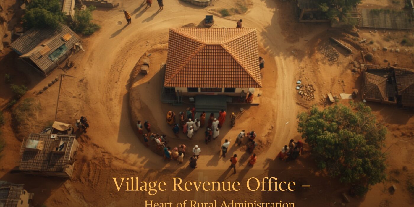Rural village revenue office building with people outside