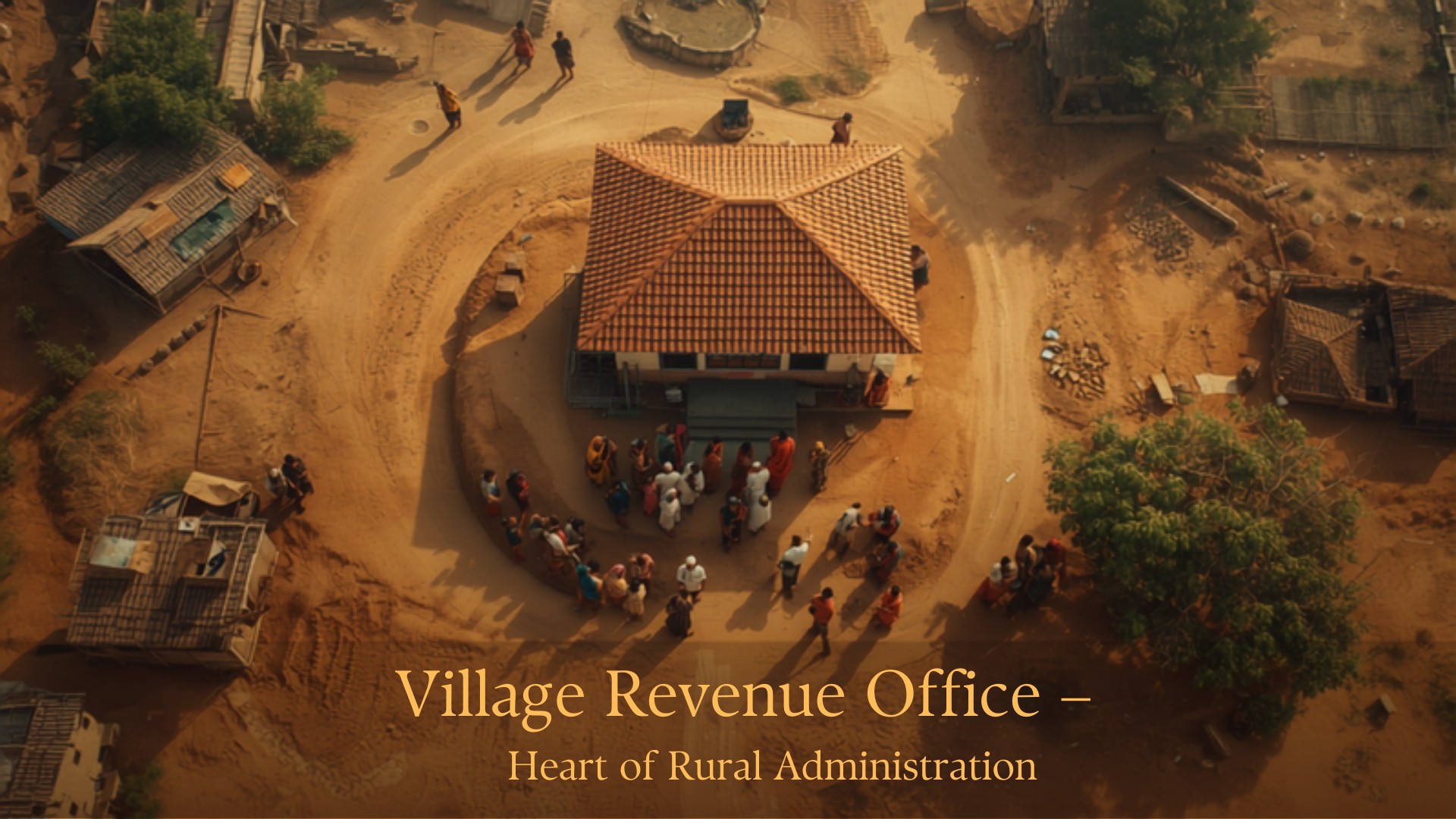 Rural village revenue office building with people outside