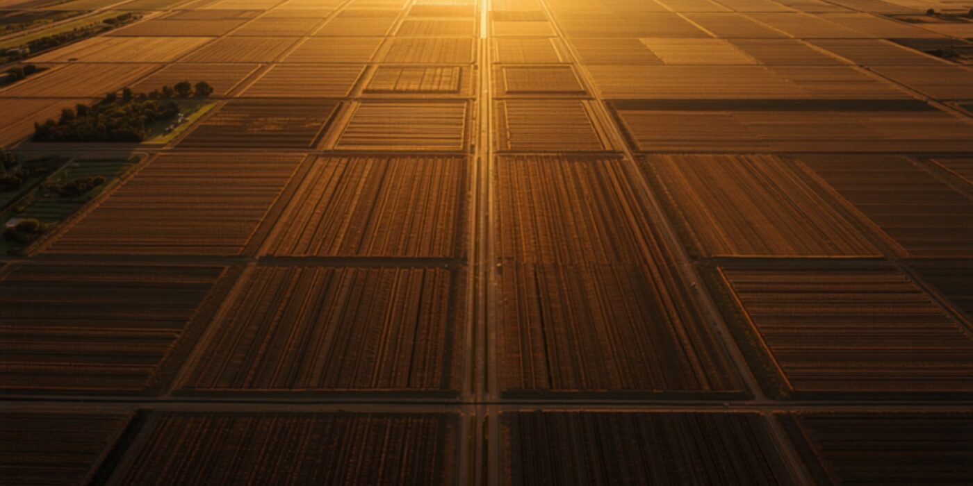 aerial view of vast solar farms at sunset with rows of solar panels arranged in a grid across the landscape